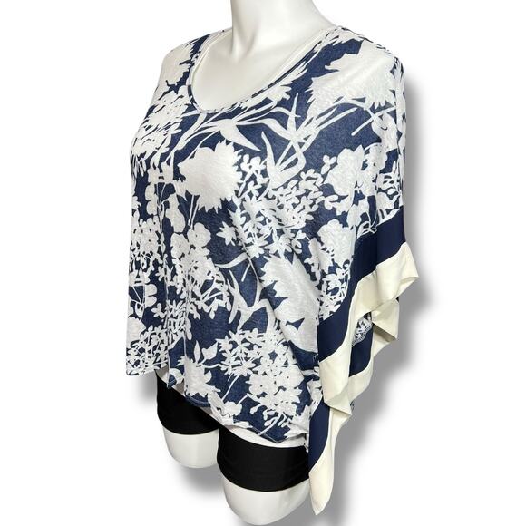 Coldwater Creek Womens Kimono Blouse Shirt Top Linen Floral Pullover Blue White - Picture 6 of 9